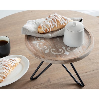 Sherald 11" Whitewashed Wood Pedestal Tray with Metal Stand