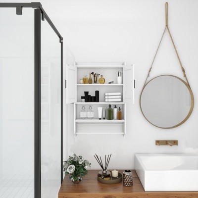 Vynxaria Bathroom Wall Cabinet: Adjustable Shelf, Towel Bar, and Paper Holder for Over-the-Toilet Storage in Elegant White.