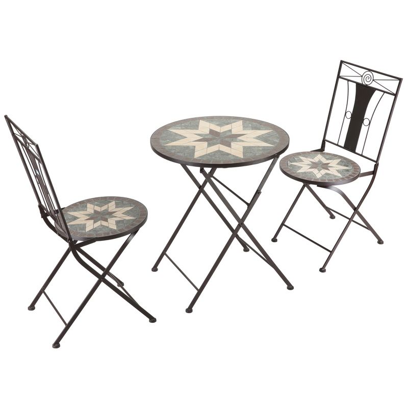 Outsunny 3 Piece Patio Bistro Set, Metal Folding Chairs, Foldable Outdoor Dining Table, Stone Mosaic Pattern for Decor, Poolside, Porch, Coffee, 4 of 7
