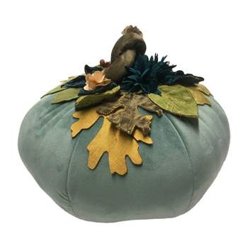7"x14" Dimensional Velvet Pumpkin with Embroidered Leaves Orange/Green - Edie@Home