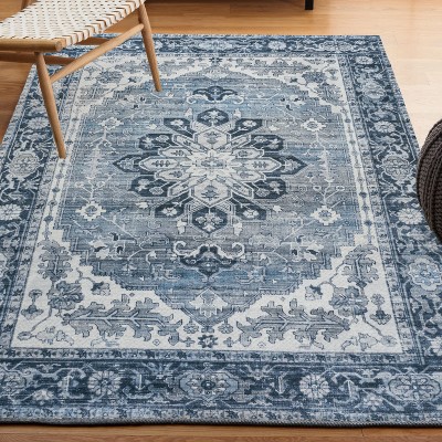 Blue and Cream Medallion Washable Synthetic Area Rug 5'3" x 7'7"