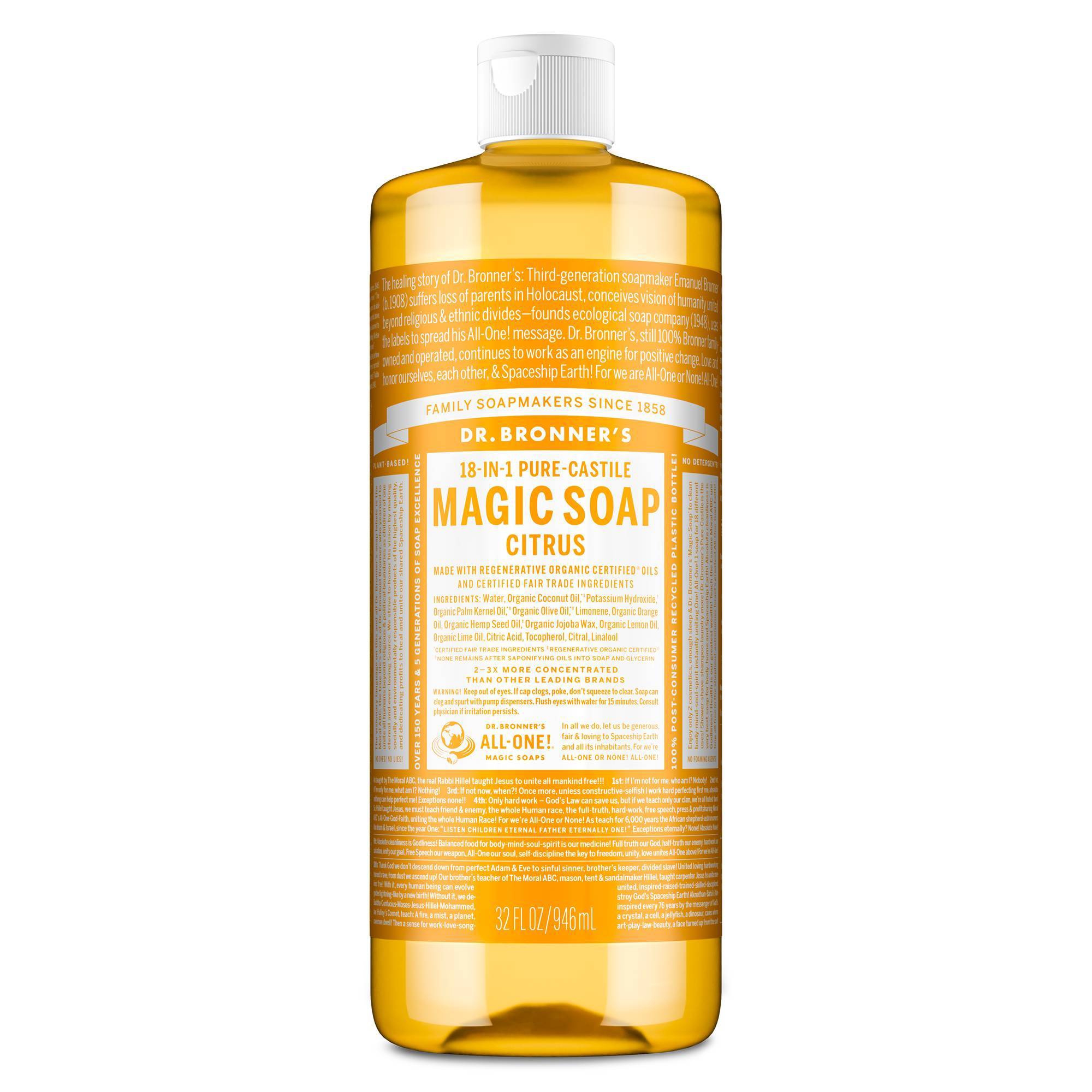 Dr. Bronner's Magic Pure Castile Liquid Soap - Citrus - 32 fl oz: Vegan, Non-Toxic, Sodium Lauryl Sulfate-Free, Paraben-Free