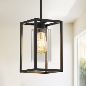 YANSUN 7 in. 1-Light Black Square Chandelier with Clear Glass, Retro Industrial Hanging Light for Kitchen Island - 1 of 1