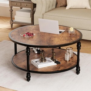 Rustic Round Coffee Table with Storage Shelf & Sturdy Metal Legs, 2-Tier Modern Wood Circle Center Table for Living Room, Easy Assembly - 1 of 4
