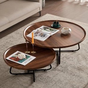 GustoWave 2Pcs Small Nesting Coffee Table, Round Wood Center Table for Living Room, Bedroom, Walnut - 1 of 4