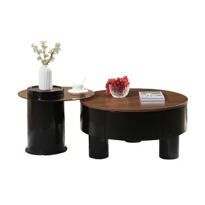 TiramisuBest Round Nesting Coffee Table Set of 2 with Storage Drawer, Black & Brown Plastic Center Tables for Living Room - 1 of 4