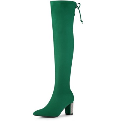 Allegra K Women's Chunky Heels Rhinestone Over the Knee High Boots