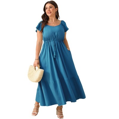 Whizmax Women Plus Size Boho Maxi Dress Short Sleeves High Waist Ruffle Casual Summer Dress with Pockets