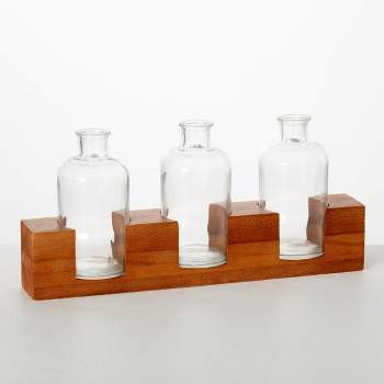 Sullivans 15.75" Bottle Vases With Wooden Base, Glass