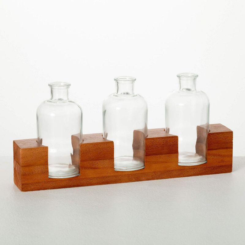 Sullivans 15.75" Bottle Vases With Wooden Base, Glass, 1 of 4
