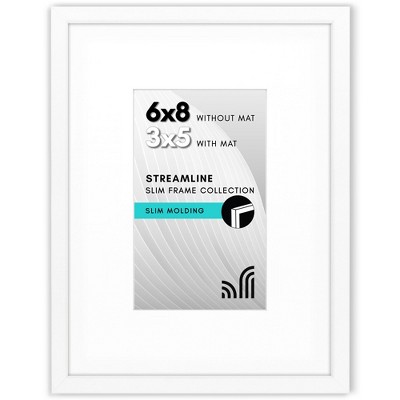 Americanflat 6x8 Picture Frame with Shatter-Resistant Glass - Use as 3x5 Frame with Mat or 6x8 Frame Without Mat - Streamline Collection - White