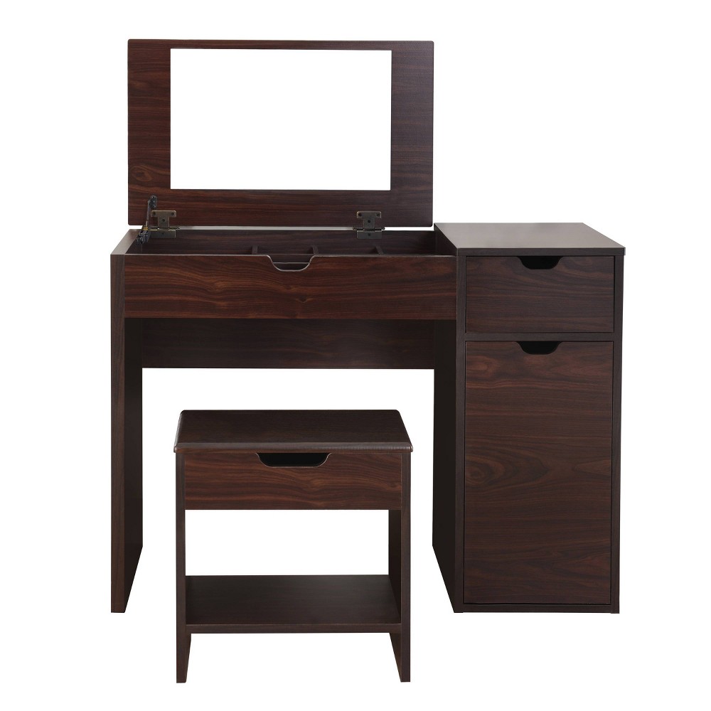 24/7 Shop At Home Lena 3 Drawer Vanity Set Dark Walnut: Modern Dressing & Makeup Table with Mirror, Storage Stool