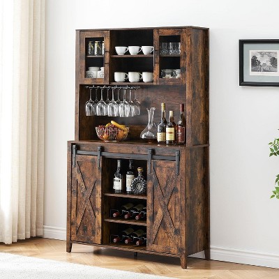 Kitchen Pantry Cabinet with Sliding Barn Door, 70" Farmhouse Coffee Bar Cabinet for Kitchen, Dining Room