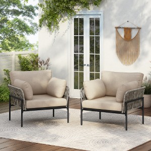 Lyngins Outdoor Accent Chair with Beige Plush Cushions, Rope Weave Design Patio Accent Chair/Lounge Chair, Weather-Resistant Powder-Coated Iron Frame - 1 of 4