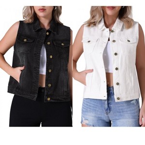INSPIRE CHIC Women's Sleeveless Turndown Collar Button Down Chest Flap Pockets Washed Denim Vest 2 Packs - 1 of 4