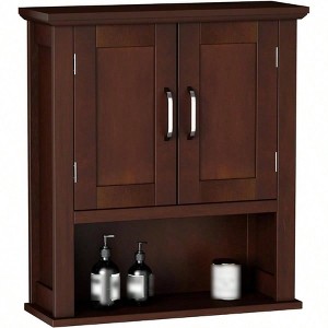 Wood Wall Cabinet with Doors, Adjustable Shelves Over Toilet, Rustic Dark Cherry Bathroom Cabinet for Kitchen Living Room - 1 of 4