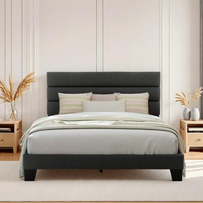 Allewie Platform Bed Frame with Fabric Upholstered Headboard and Wooden Slats Support, Fully Upholstered Mattress Foundation/No Box Spring Needed