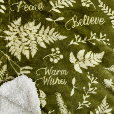 Holiday Botanical Green Velvet Plush Sherpa Reversible Throw Blanket