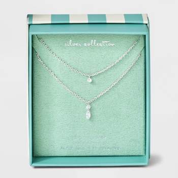 Silver Plated Round and Marquise Cubic Zirconia Duo Necklace - A New Day™ Silver