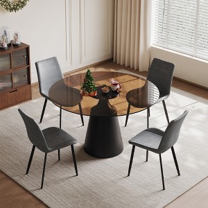 GDFStudio Zephyr Modern 5-Piece Dining Set with Round Tempered Glass Table and Faux Leather Upholstered Chairs - 1 of 4
