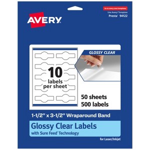 Avery Glossy Clear Wraparound Band Labels with Sure Feed, 1.5" x 3.5", 500 Glossy Clear Labels, Print-to-the-Edge, Laser/Inkjet Printable Labels - 1 of 4