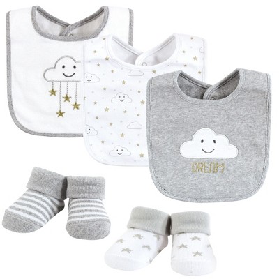 Hudson Baby Unisex Baby Cotton Bib and Sock Set, Gray Cloud, One Size
