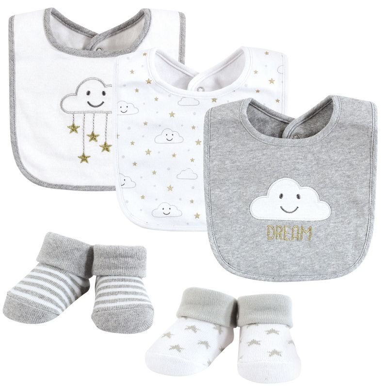 Hudson Baby Unisex Baby Cotton Bib and Sock Set, Gray Cloud, One Size, 1 of 7