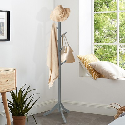 Gray Rubber Wood Adjustable Height Coat Rack with 8 Hooks