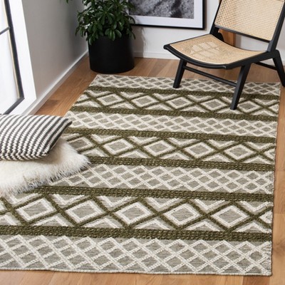 Ivory and Dark Green Hand-Knotted Wool Rectangular Area Rug, 5' x 8'