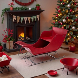 FURNIinspire Decorative Holiday Scene Props Large Iron Sleigh Distressed Christmas Santa Holiday Decoration, Home Decor, Red, 39"*17.7"*22" - 1 of 4