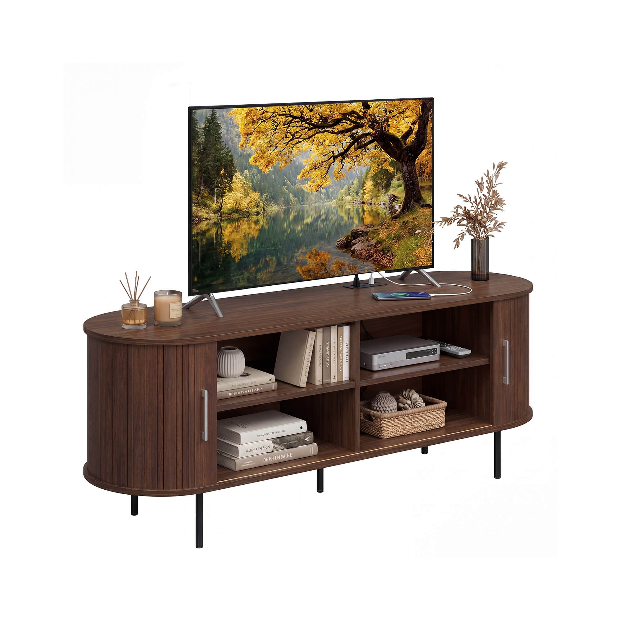 Costway Fluted TV Stand for TVs up to 60”, Mid Century Curved Entertainment Center Walnut