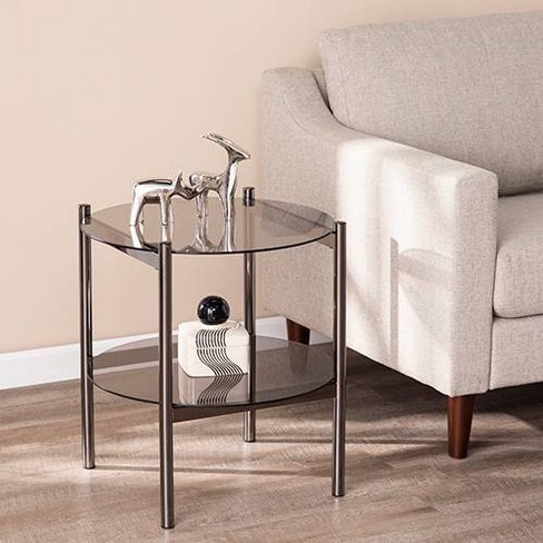 Glendale Round End Table With Glass Top, Round Side Table With Glass Top