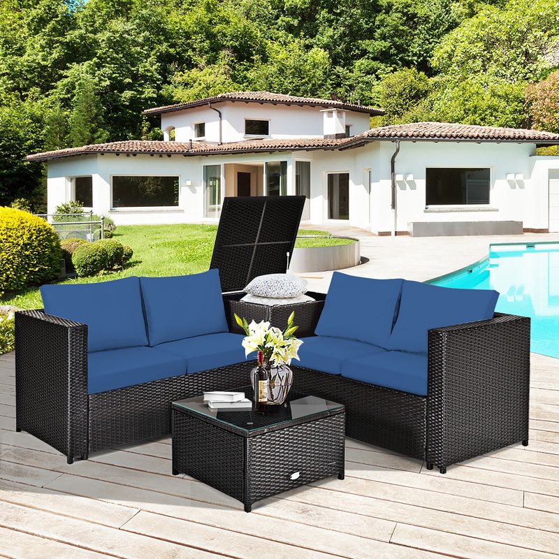 Costway 4PCS Patio Rattan Furniture Set Cushioned Loveseat Storage Table Navy, 3 of 11