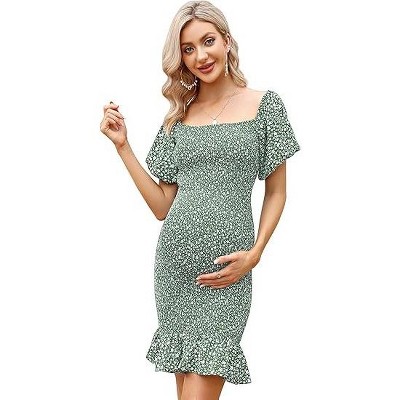 LXT-Women's Maternity Off Shoulder Smocked Ruffle Hem Dress