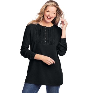 Woman Within Women's Plus Size Washed Thermal Lace Bib Henley Tee - 1 of 4