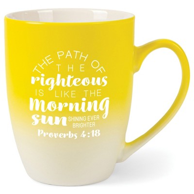 Path Of Righteous Is Like Morning Sun Shining Ever Brighter Proverbs 4:18 Two Toned Matte Yellow  White 12 ounce Ceramic Stoneware Coffee Cup Mug