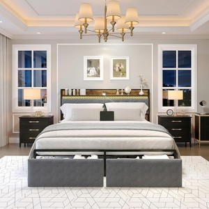 Metal Bed Frame with LED Lights & 2 Drawers, Upholstered Charging Storage Headboard, Noise-Free, Sturdy Build, Queen - 1 of 4