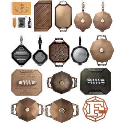 FINEX Cast Iron Set: Care Kit, 3/5/7QT Ovens, 8" Press, 10" Grillet, 12"/15" Pans, 18" Griddle, Skillets, 1QT Pot