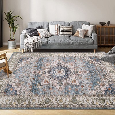 Garvee Vintage Floral Print Area Rug,Traditional Washable Indoor Boho Carpet for Dining Room Office Bedroom Living Room, Blue+Green