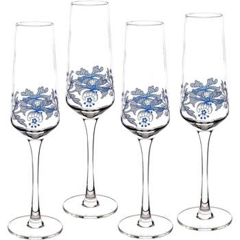 Spode Blue Italian Glassware 8 oz Champagne Flutes, Set of 4 - Blue/White