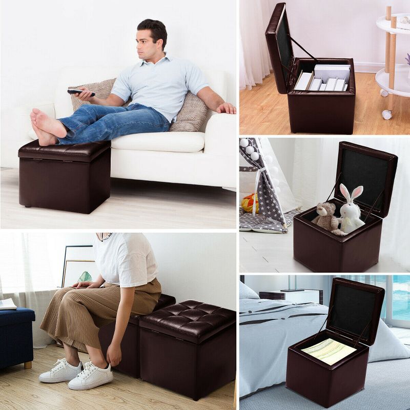 Costway 16''Cube Ottoman Pouffe Storage Box Lounge Seat Footstools with Hinge Top Red Brown, 4 of 11