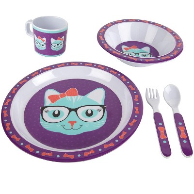 Cat Mealtime Baby Feeding Set for Kids and Toddlers - Plate, Bowl, Cup, Fork and Spoon Utensil Flatware - Durable, Dishwasher Safe, BPA Free - Kitty