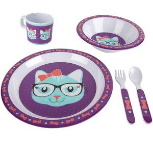 Cat Mealtime Baby Feeding Set for Kids and Toddlers - Plate, Bowl, Cup, Fork and Spoon Utensil Flatware - Durable, Dishwasher Safe, BPA Free - Kitty - 1 of 4