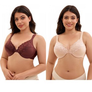 INSPIRE CHIC 2 Pcs Women's Front Closure Lace Trim Underwire Adjustable Straps Plunge Bras - 1 of 4