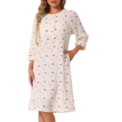 INSPIRE CHIC Women's Front Button 3/4 Sleeve Crew Neck Sleepdress with Pockets