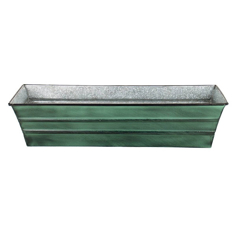 Small Galvanized Metal Rectangular Planter Box Green Patina - ACHLA Designs Available in three size options, these rectangular flower boxes have a rolled edge, embossed lines and a simple classic style. Made from Galvanized Steel, in three Patina finish colors, these planting containers will add curb appeal. Use them to create a lush container garden or urban balcony oasis. The Copper Plated Flower Boxes will develop warm natural patina over time that is a perfect complement to green foliage. Smallest pairs with Wall Mounted Bracket (SFB-01) Medium with Posy Flowerbox Bracket (VFB-05) Twist Flowerbox Bracket (B-06) and Wall-Mounted Bracket (SFB-02) and Largest pairs with Scrolls Bracket (B-32), Wall-Mounted Bracket (SFB-03) or Clamp-On Bracket (SFB-03C). Color: Green Patina.
