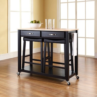Natural Wood Top Black Kitchen Cart with Wine Rack and Stools