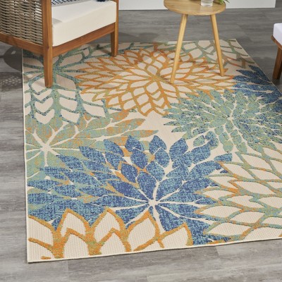 Blue Green Floral Synthetic Indoor Outdoor Rug, 5' x 7'