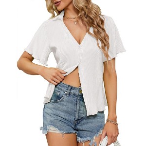 Women's Corduroy Short Sleeve Tops Deep V Neck Shirt Button Front Blouse Short Sleeve Tops Ruffle Blouse for Summer 2024 - 1 of 4