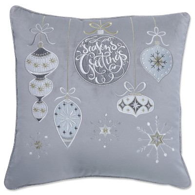 16.5"x16.5" Indoor Christmas 'Velvet Ornaments' Gray Square Throw Pillow - Pillow Perfect: Lux Embroidered Decor for Couch